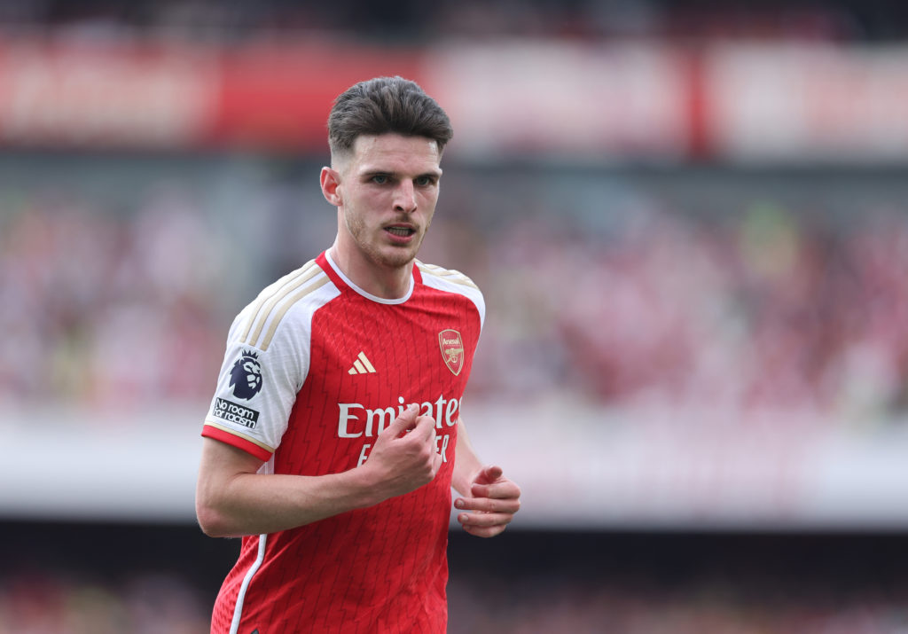 Declan Rice of Arsenal  during the Premier League match between Arsenal FC and Everton FC at Emirates Stadium on May 19, 2024 in London, England.