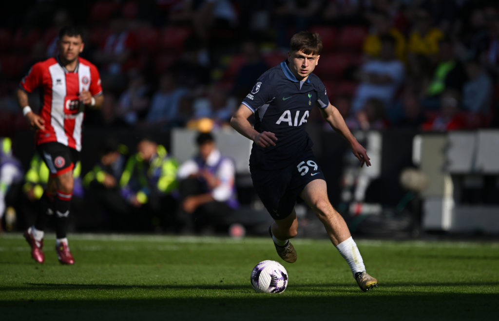 Tottenham Hotspur player Mikey Moore in action during the Premier League match between Sheffield United and Tottenham Hotspur at Bramall Lane on Ma...