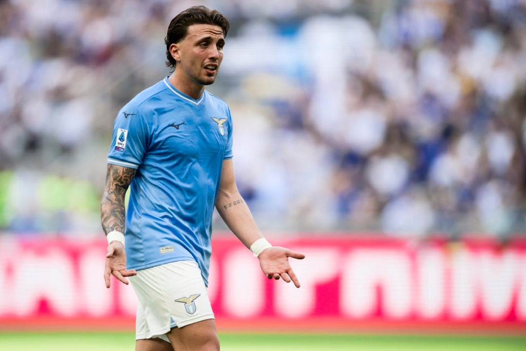 Luca Pellegrini of SS Lazio reacts during the Serie A football match between FC Internazionale and SS Lazio.  The match ended in a 1–1 draw.