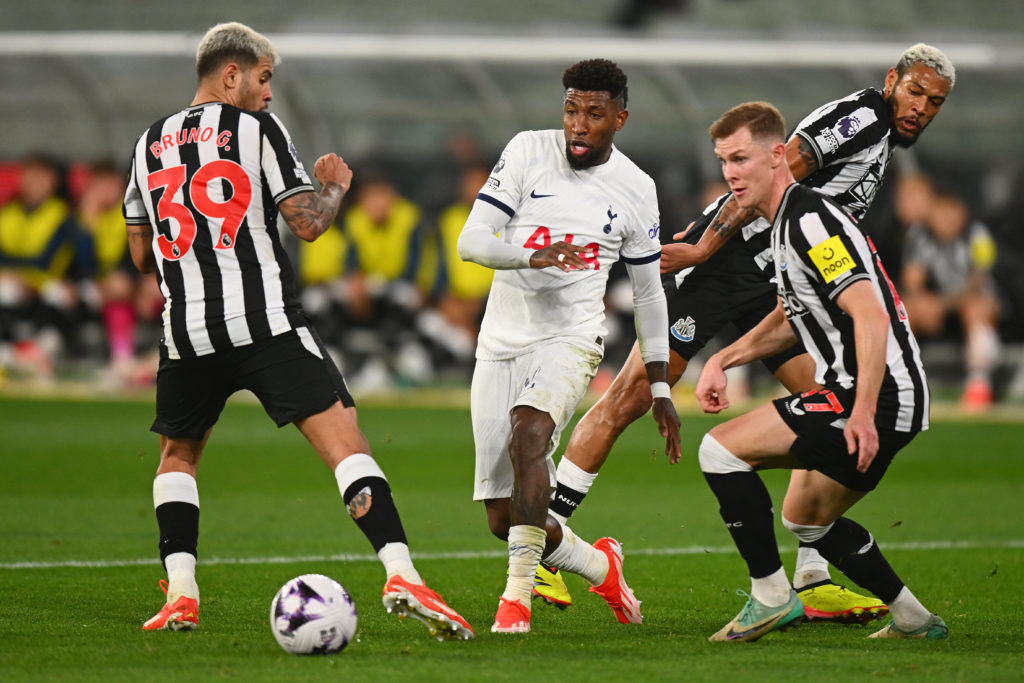 Emerson Royal of Tottenham Hotspur passes the ball during the exhibition match between Tottenham Hotspur FC and Newcastle United FC at Melbourne Cr...