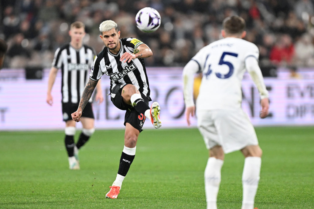 Bruno Guimaraes of Newcastle United FC kicks the ball during the exhibition match between Tottenham Hotspur FC and Newcastle United FC at Melbourne...