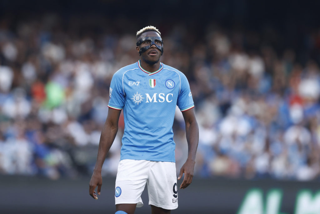 Victor Osimhen of SSC Napoli looks on during the Serie A TIM match between SSC Napoli and US Lecce at Stadio Diego Armando Maradona on May 26, 2024...