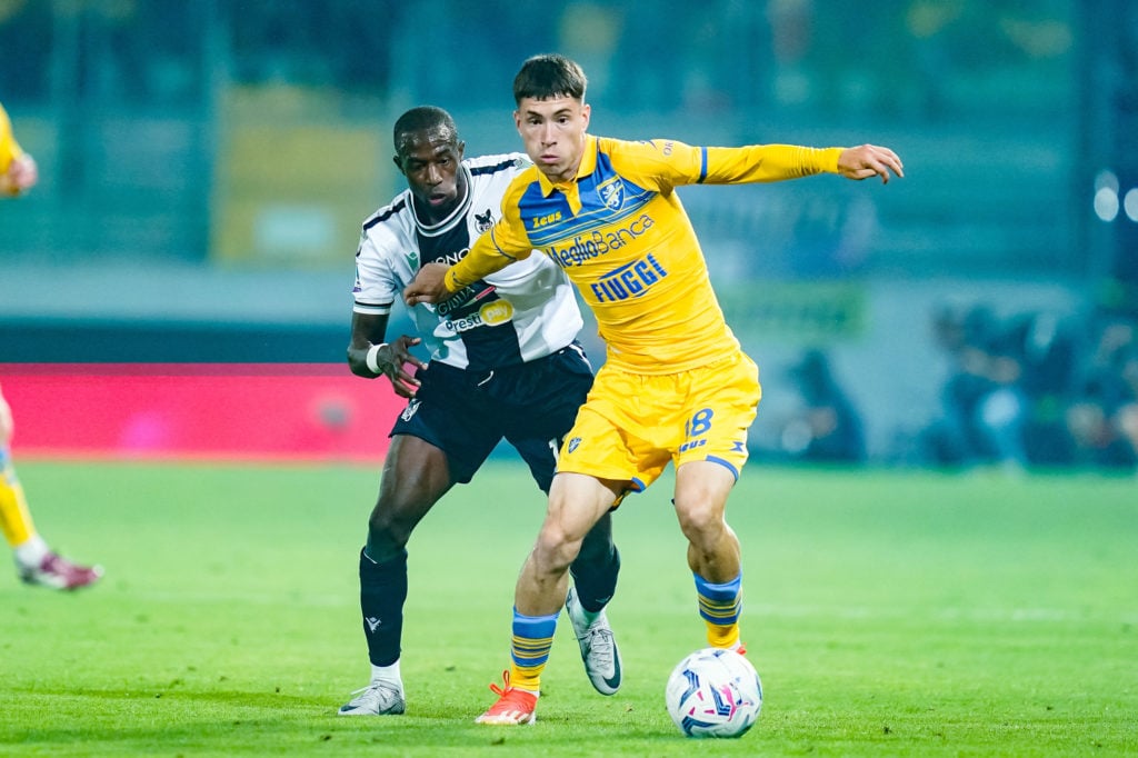 Matias Soule' of Frosinone Calcio and Hassane Kamara of Udinese Calcio compete for the ball during the Serie A TIM match between Frosinone Cal...