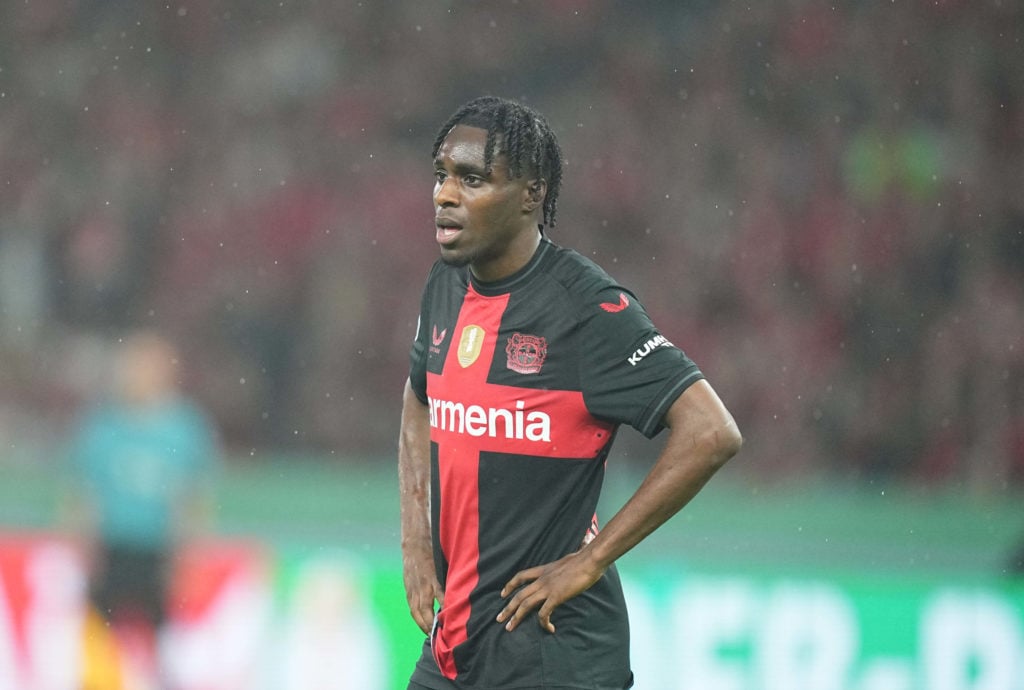 Jeremie Frimpong of Bayer 04 Leverkusen looks on during the DFB Cup 2023/24 final match between 1. FC Kaiserslautern and Bayer 04 Leverkusen at Oly...