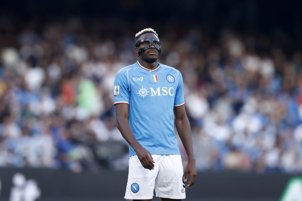 Victor Osimhen of SSC Napoli looks on during the Serie A TIM match between SSC Napoli and US Lecce at Stadio Diego Armando Maradona on May 26, 2024...