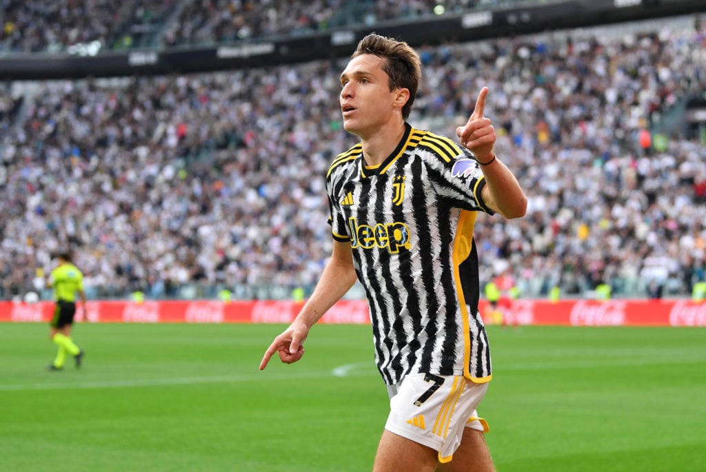 Federico Chiesa of Juventus celebrates scoring his team's first goal during the Serie A TIM match between Juventus and AC Monza at  on May 25, 2024...