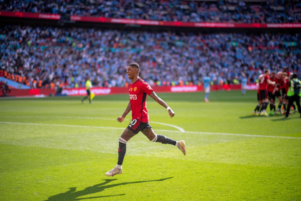 Marcus Rashford of Manchester United celebrates winning the Emirates FA Cup Final match between Manchester City and Manchester United at Wembley St...