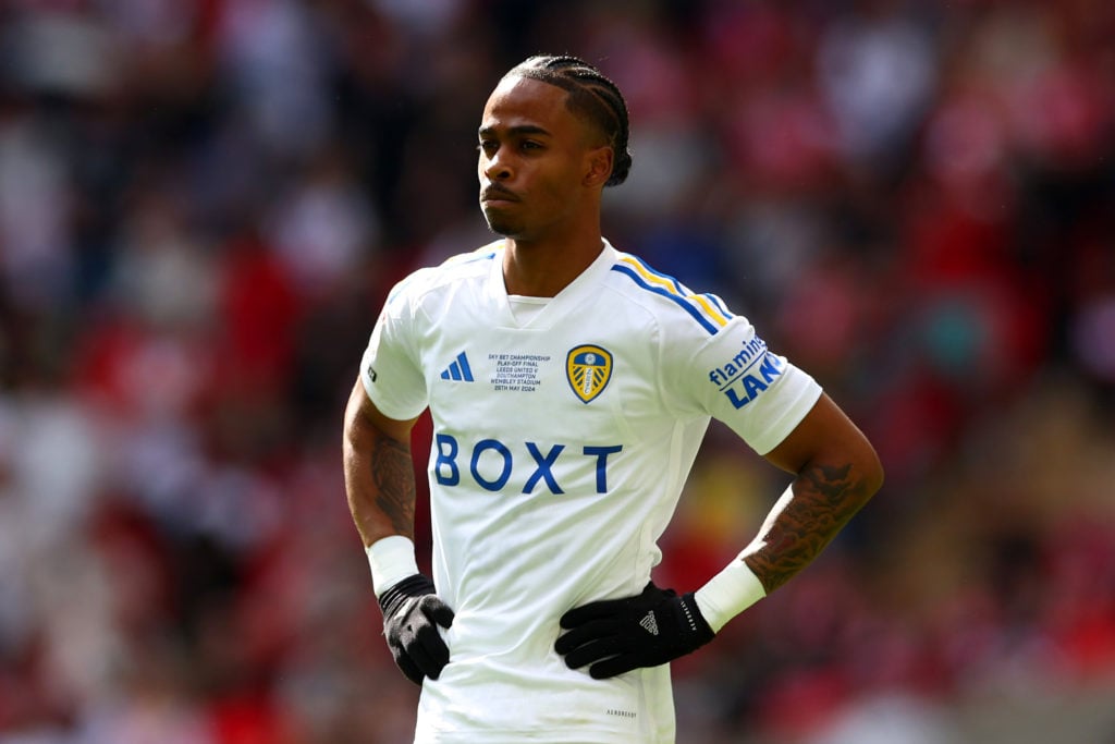 Crysencio Summerville of Leeds United reacts during the Sky Bet Championship Play Final match between Leeds United and Southampton at Wembley Stadi...