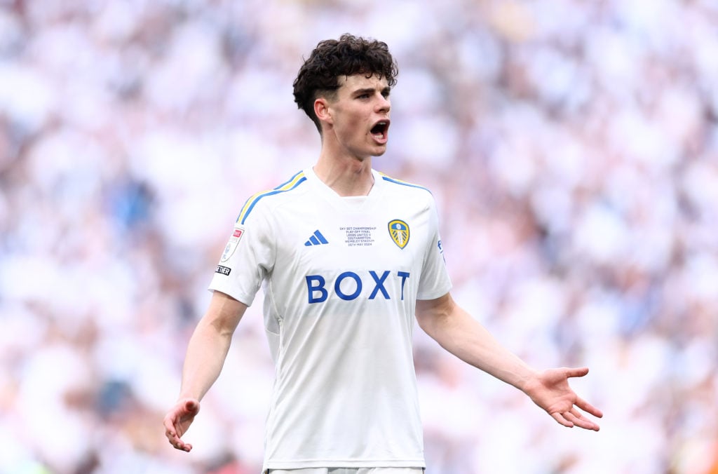 Archie Grey of Leeds United reacst during the Sky Bet Championship Play Final match between TBC v TBC at Wembley Stadium on May 26, 2024 in London,...