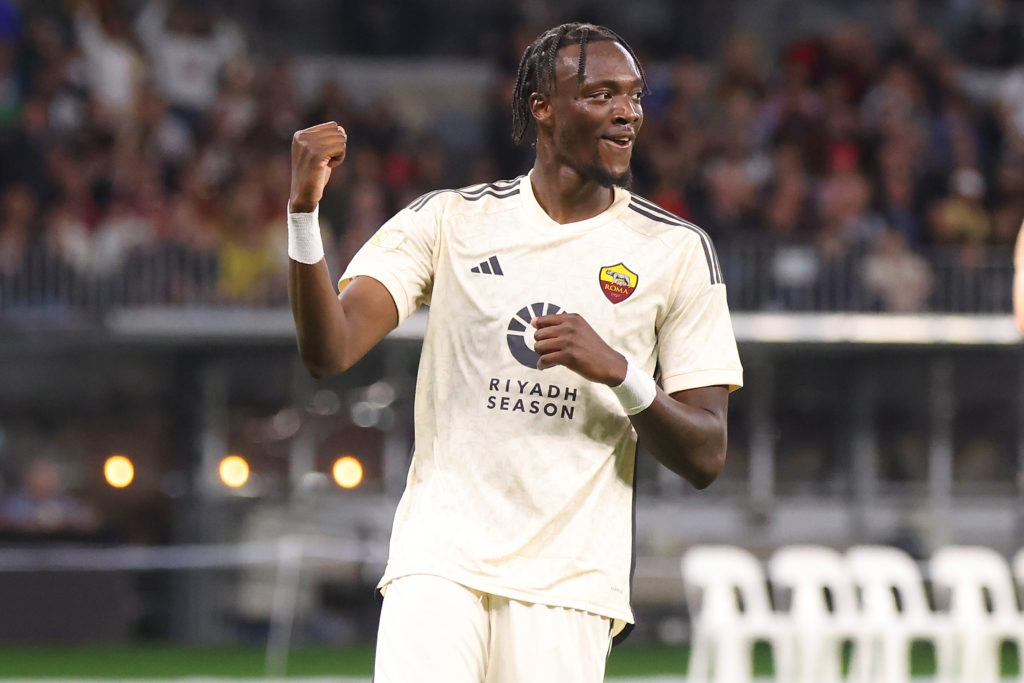 Tammy Abraham of AS Roma celebrates his goal during the friendly between AC Milan and AS Roma at Optus Stadium on May 31, 2024 in Perth, Australia.