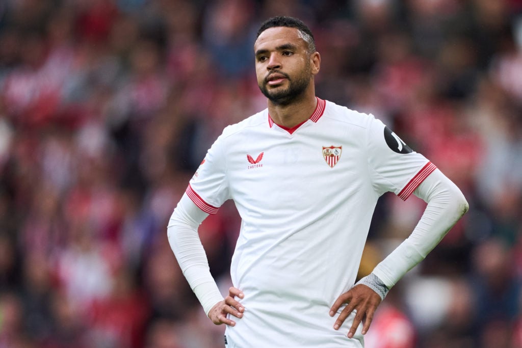 Yousseff En-Nesyri of Sevilla FC in action during the LaLiga EA Sports match between Athletic Bilbao and Sevilla FC at Estadio de San Mames on May ...