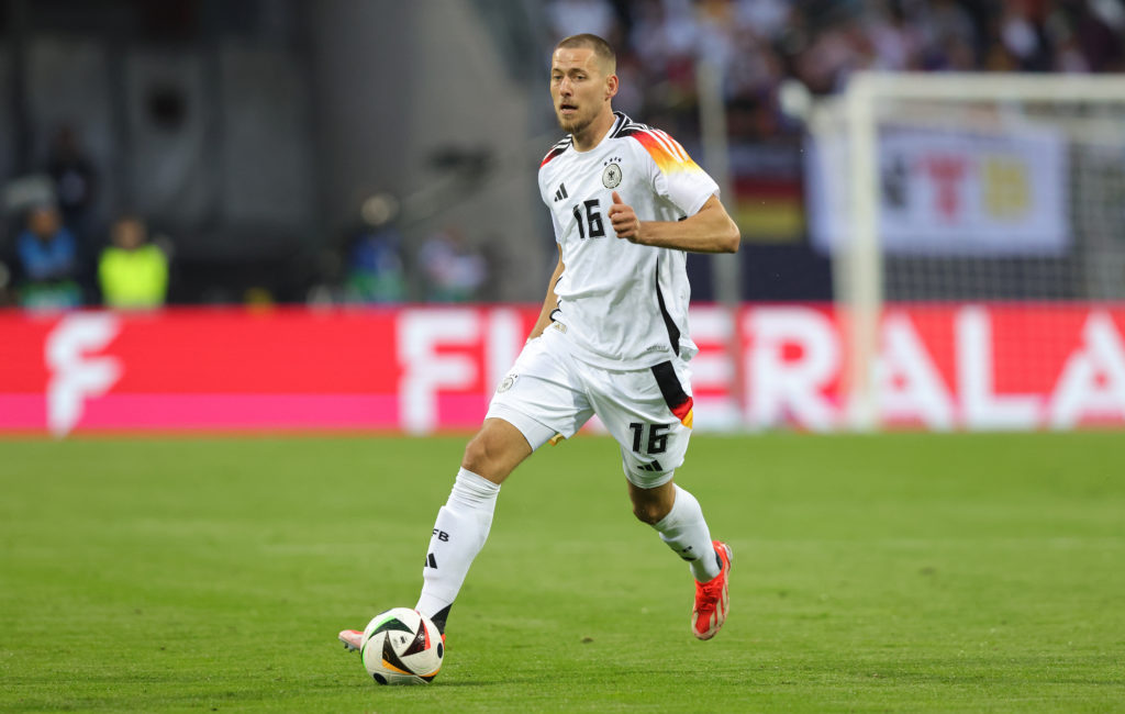 Waldemar Anton of Germany plays the ball during the international friendly match between Germany and Ukraine at Max-Morlock-Stadion on June 3, 2024...