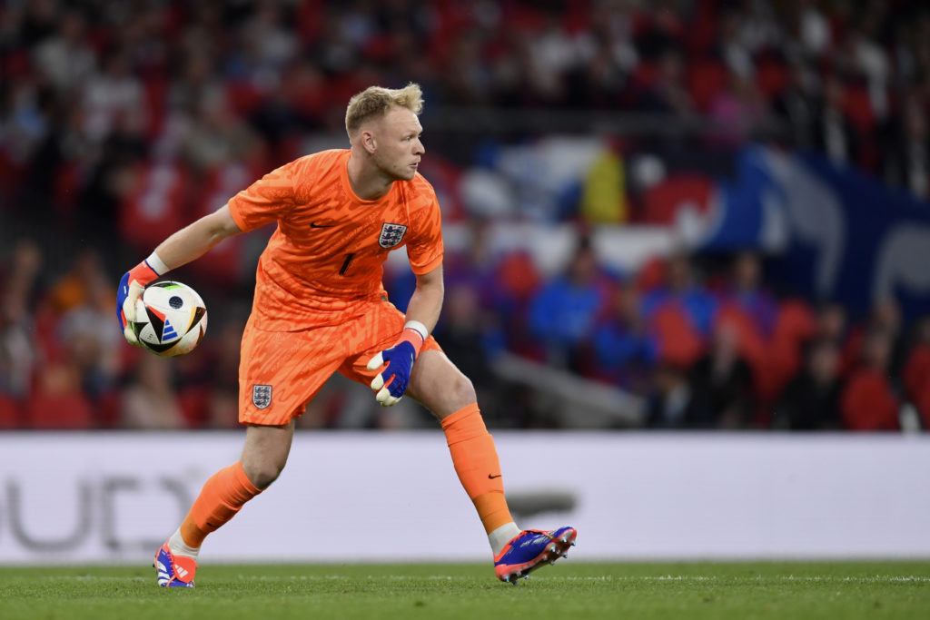 Aaron Ramsdale of England is in action during the friendly game between England and Iceland, in Wembley Stadium, England, on June 07, 2024.