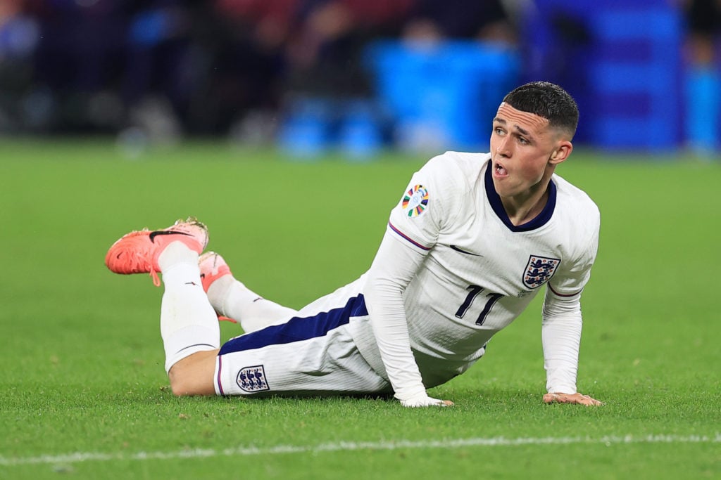 Phil Foden of England looks dejected during the UEFA EURO 2024 group stage match between Serbia and England at Arena AufSchalke on June 16, 2024 in...