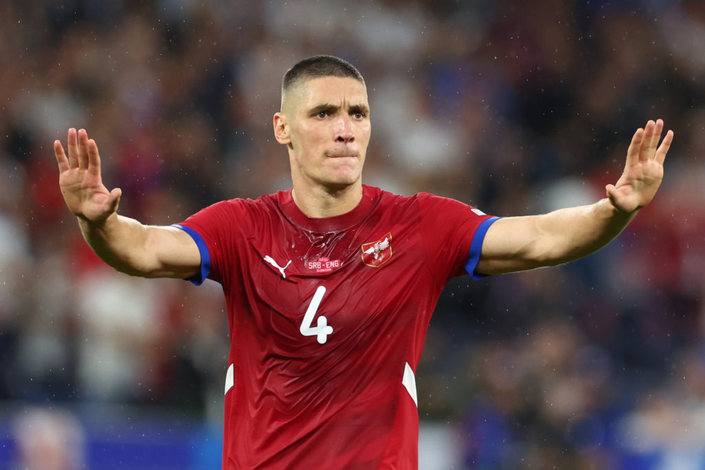 Nikola Milenkovic of Serbia in action during the UEFA EURO 2024 group stage match between Serbia and England at Arena AufSchalke on June 16, 2024 i...