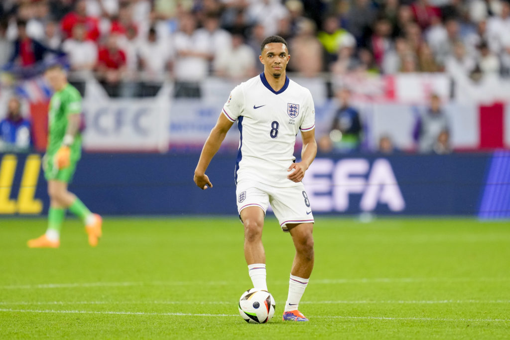 Trent Alexander-Arnold of England controls the ball during the UEFA EURO 2024 group stage match between Serbia and England at Arena AufSchalke on J...