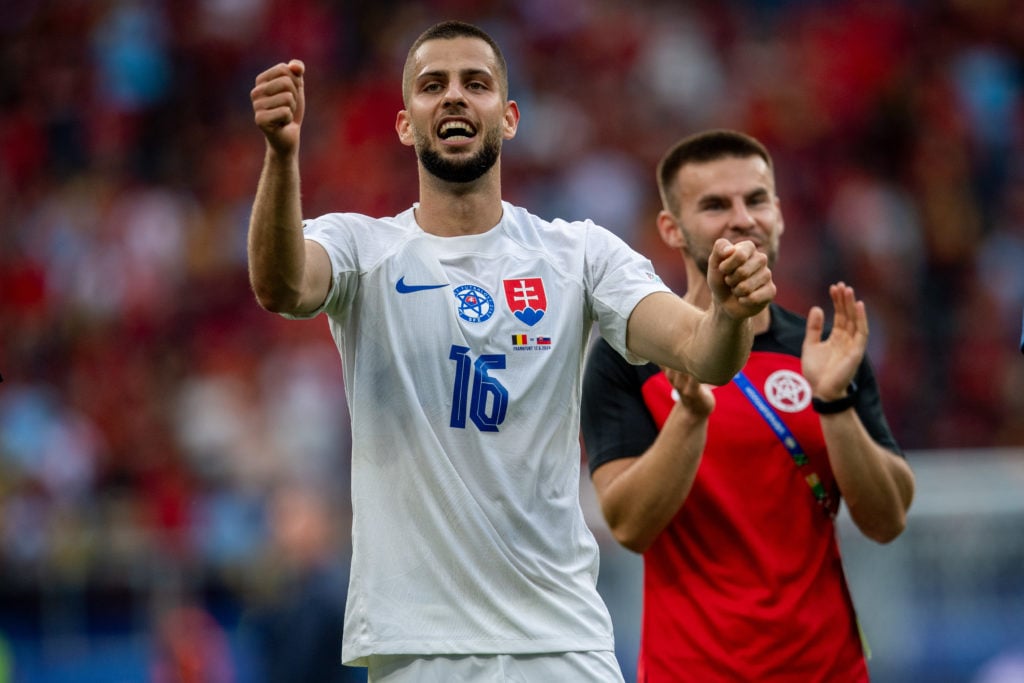 David Hancko of Slovakia celebrates winning the UEFA EURO 2024 group stage match between Belgium and Slovakia at Frankfurt Arena on June 17, 2024 i...