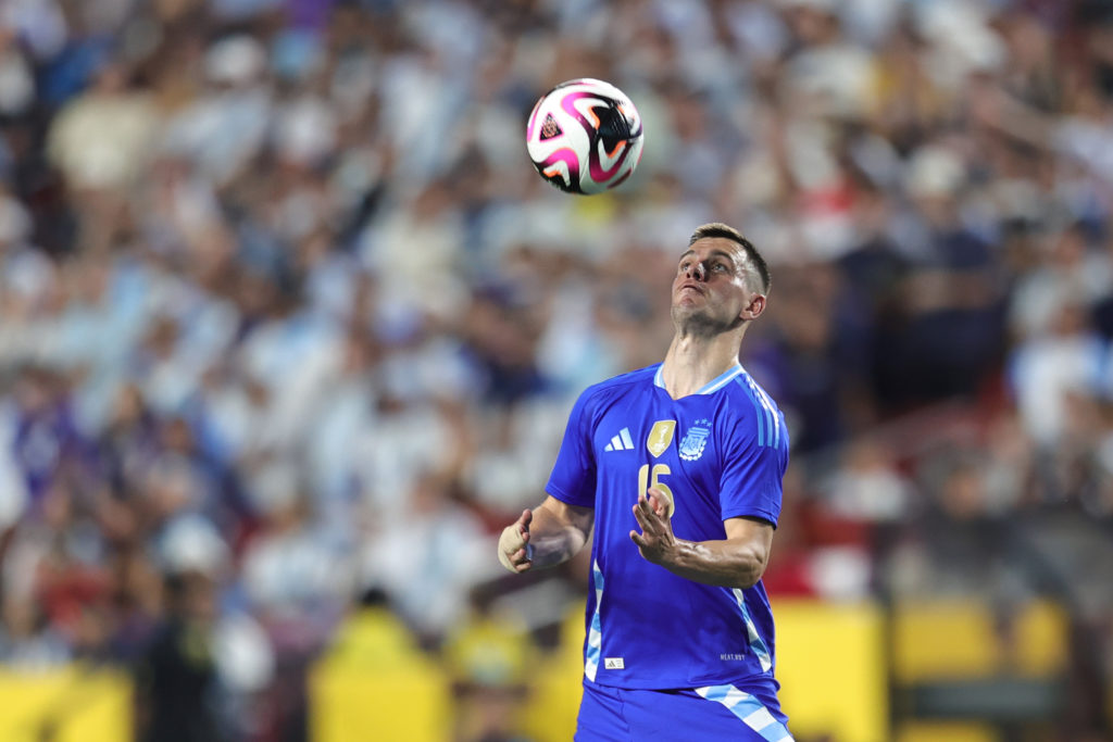 Gio Lo Celso #16 of Argentina controls the ball during an international friendly match against Guatemala at Commanders Field on June 14, 2024 in La...