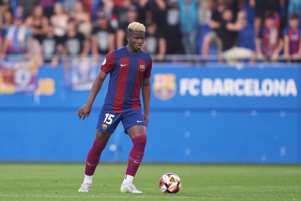Mikayil Faye of FC Barcelona Atletic with the ball during the Primera RFEF Play Off Final 1st Leg match between FC Barcelona Atletic and Cordoba CF...