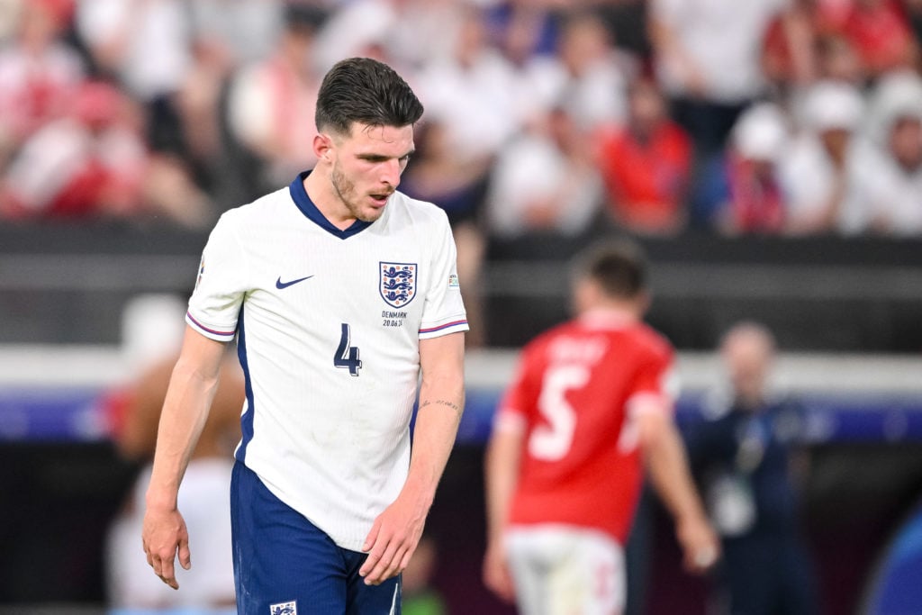 Declan Rice of England looks dejected during the UEFA EURO 2024 group stage match between Denmark and England at Frankfurt Arena on June 20, 2024 i...