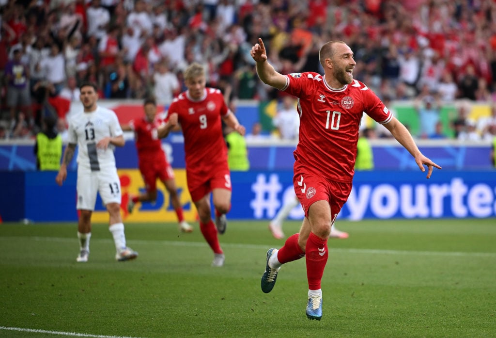 Christian Eriksen of Denmark celebrates scoring his team's first goal during the UEFA EURO 2024 group stage match between Slovenia and Denmark at S...