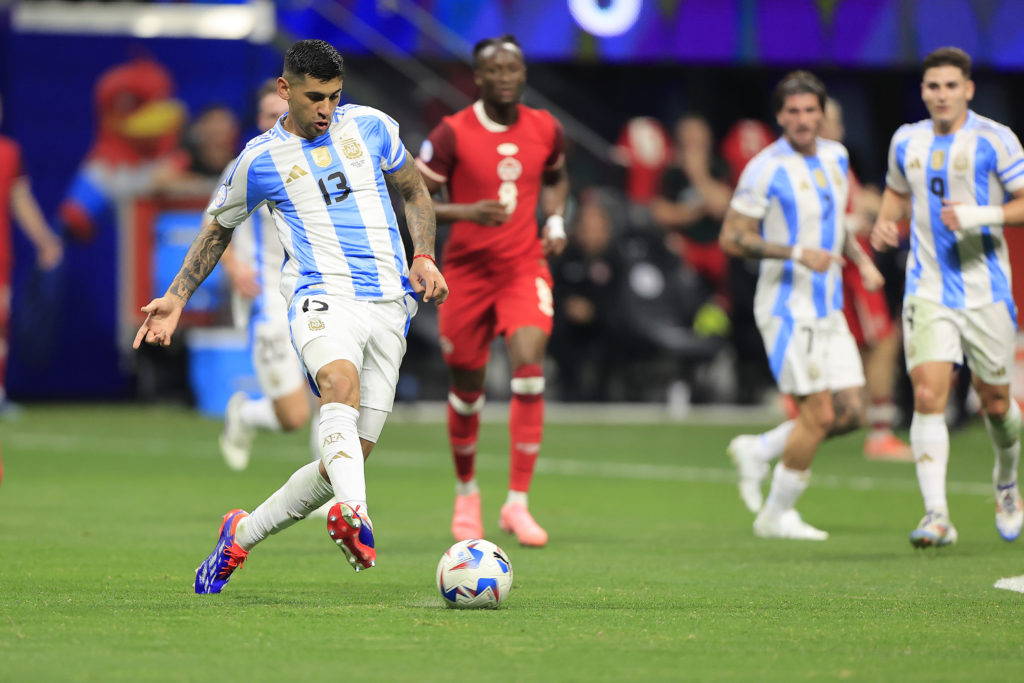 Argentina defender Cristian Romero (13) with the football during the Thursday evening soccer match between Argentina and Canada on June 20, 2024 at...