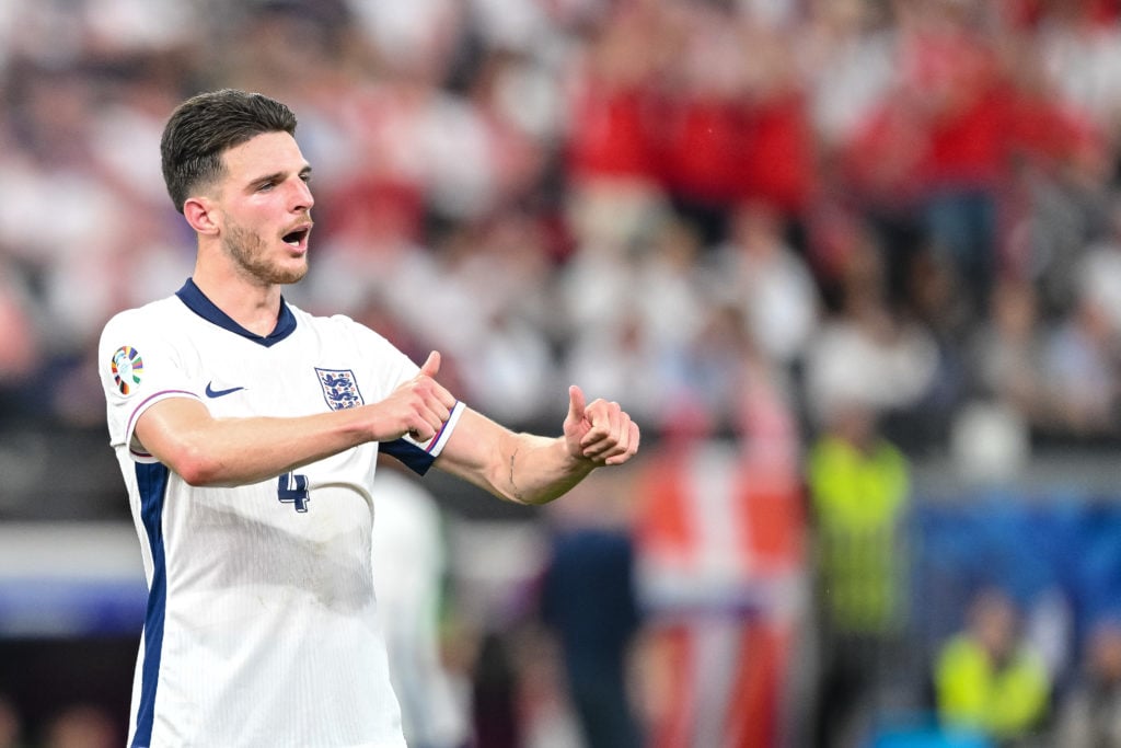 Declan Rice of England gestures during the UEFA EURO 2024 group stage match between Denmark and England at Frankfurt Arena on June 20, 2024 in Fran...