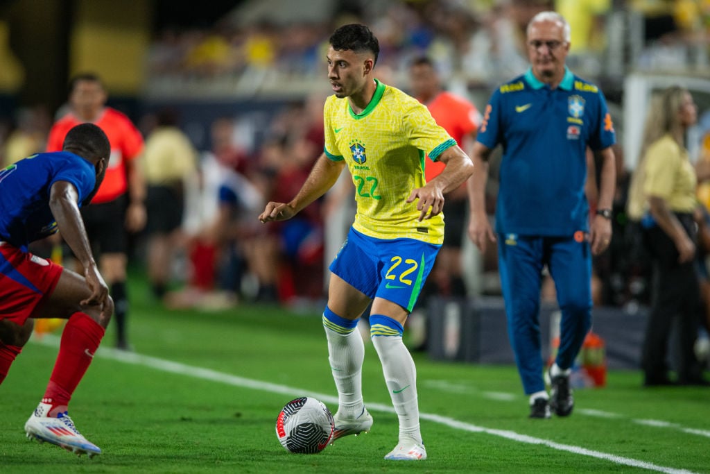 Gabriel Martinelli #22 of Brazil dribbles the ball during an an international friendly game between Brazil and USMNT at Camping World Stadium on Ju...