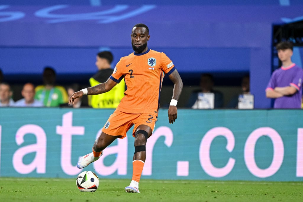 Lutsharel Geertruida of Netherlands controls the Ball during the UEFA EURO 2024 group stage match between Netherlands and France at Football Stadiu...