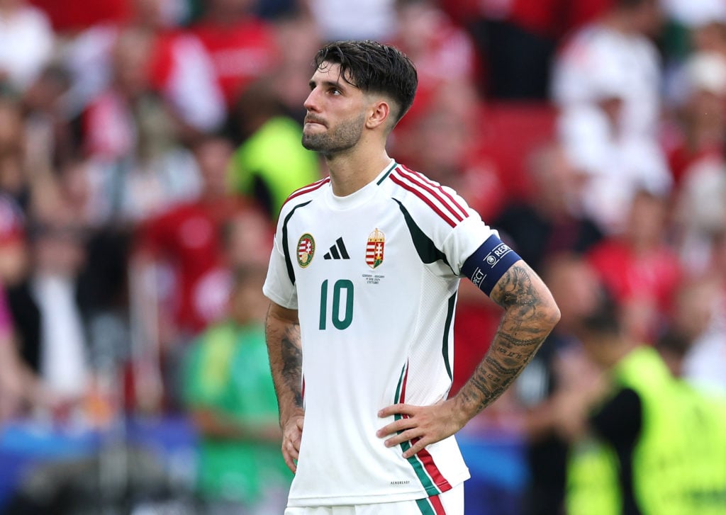 Dominik Szoboszlai of Hungary looks dejected as he acknowledges the fans after defeat to Germany during the UEFA EURO 2024 group stage match betwee...
