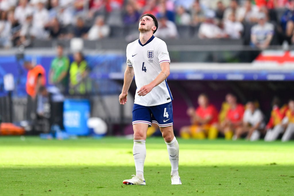Declan Rice of England looks dejected during the UEFA EURO 2024 group stage match between Denmark and England at Frankfurt Arena on June 20, 2024 i...
