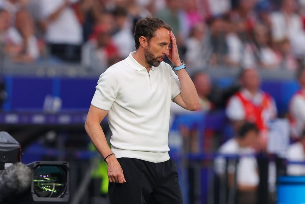 Gareth Southgate, manager of England, looks dejected during the UEFA EURO 2024 group stage match between Denmark and England at Frankfurt Arena on ...