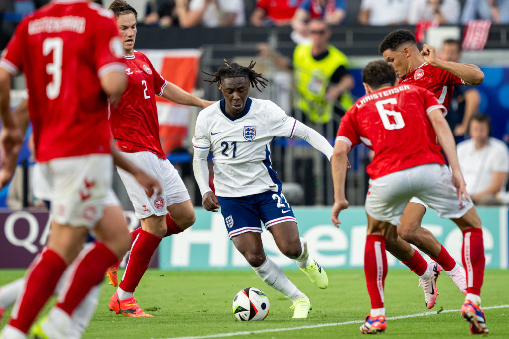 Eberechi Eze of England and Joachim Andersen of Denmark battle for the ball during the UEFA EURO 2024 group stage match between Denmark and England...