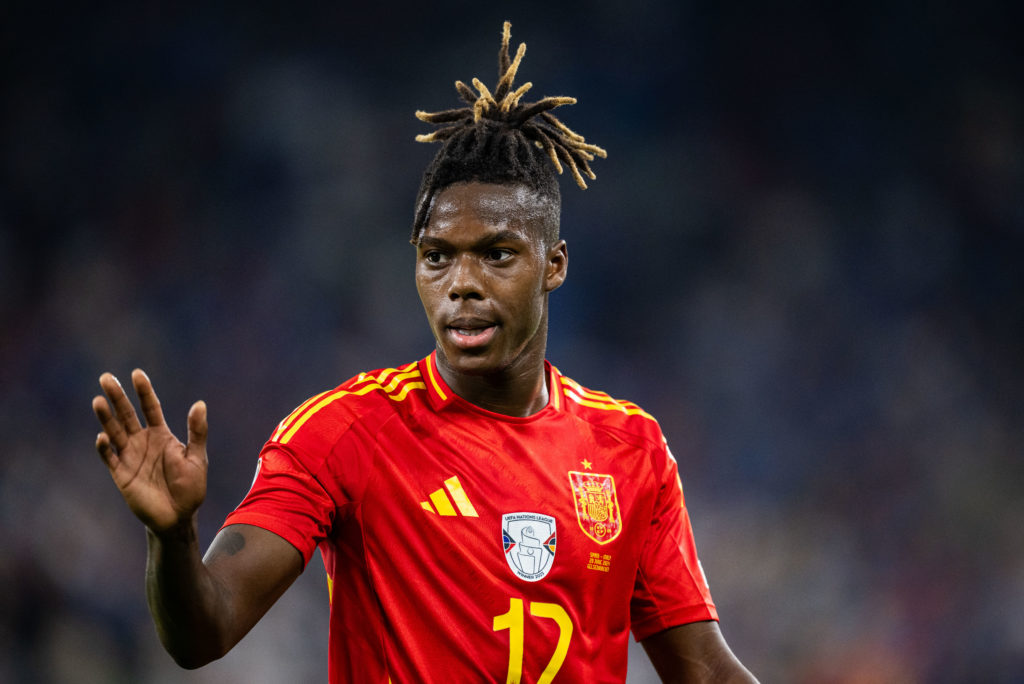 Nico Williams of Spain looks on  during the UEFA EURO 2024 group stage match between Spain and Italy at Arena AufSchalke on June 20, 2024 in Gelsen...