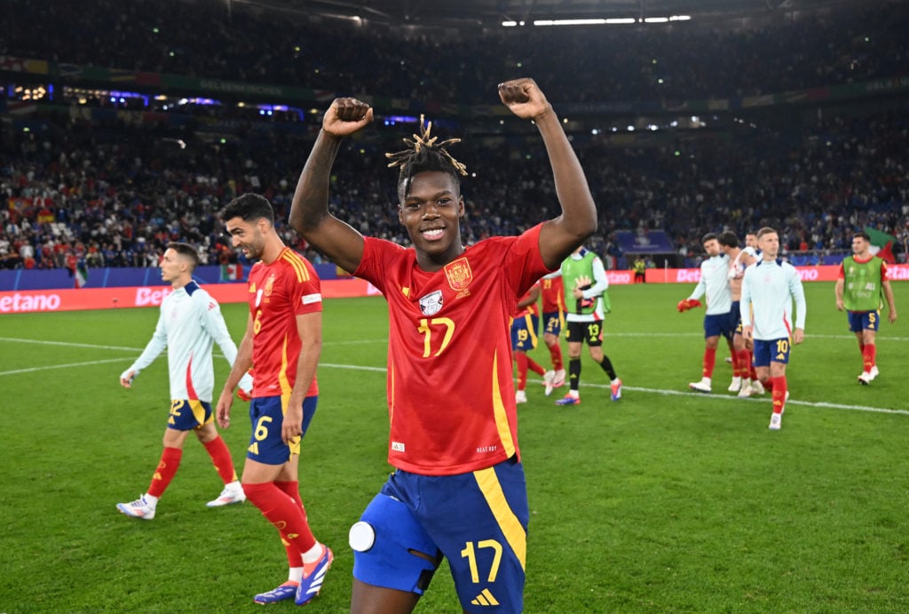 Nico Williams of Spain celebrates after the team's victory in the UEFA EURO 2024 group stage match between Spain and Italy at Arena AufSchalke on J...