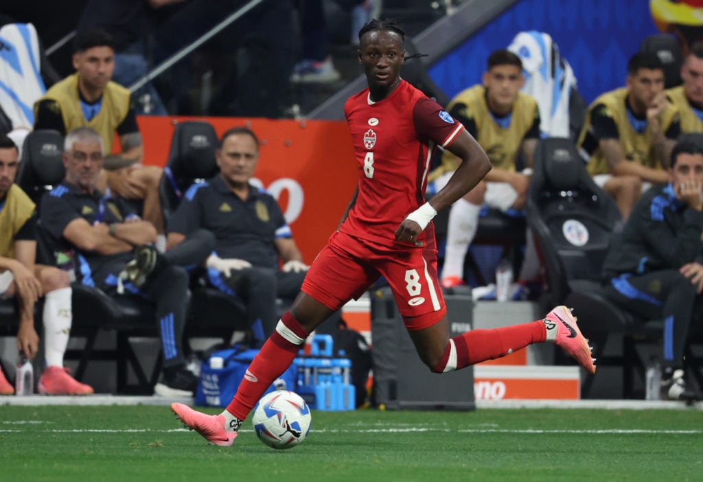 Ismael Kone of Canada controls the ball during the CONMEBOL Copa America group A match between Argentina and Canada at Mercedes-Benz Stadium on Jun...