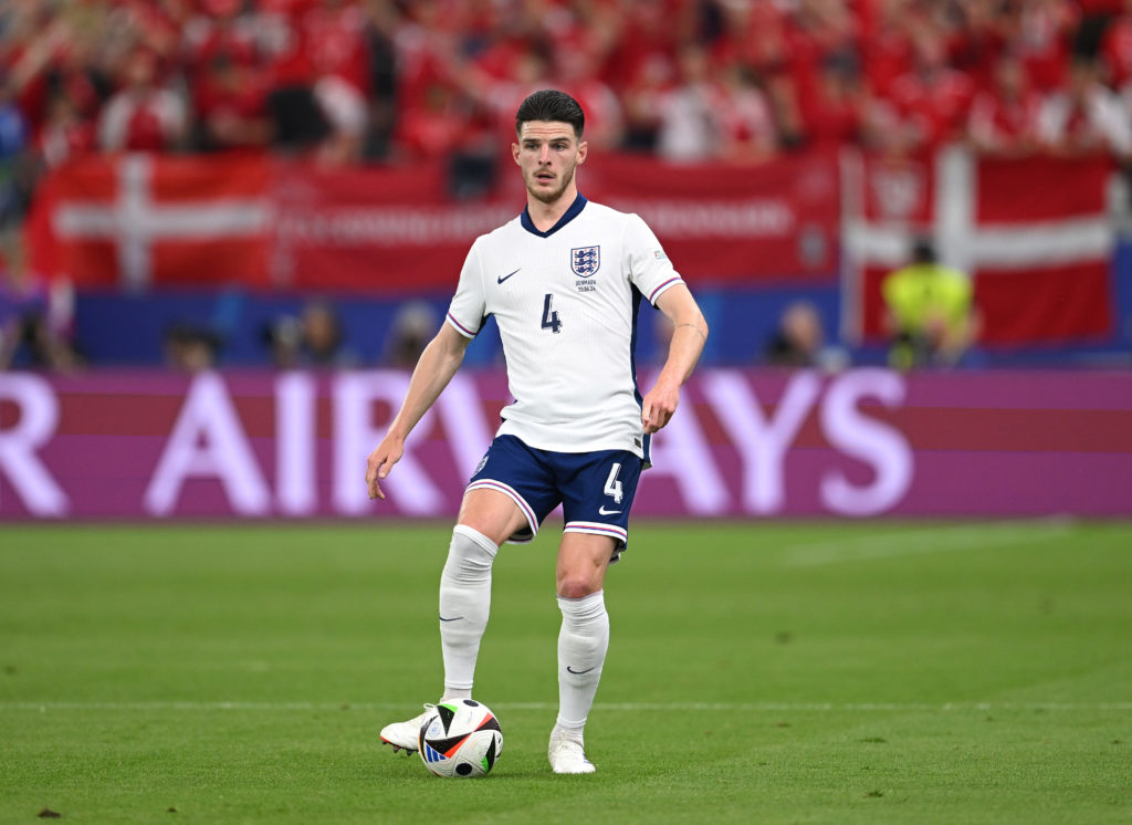 England player Declan Rice in action during the UEFA EURO 2024 group stage match between Denmark and England at Frankfurt Arena on June 20, 2024 in...