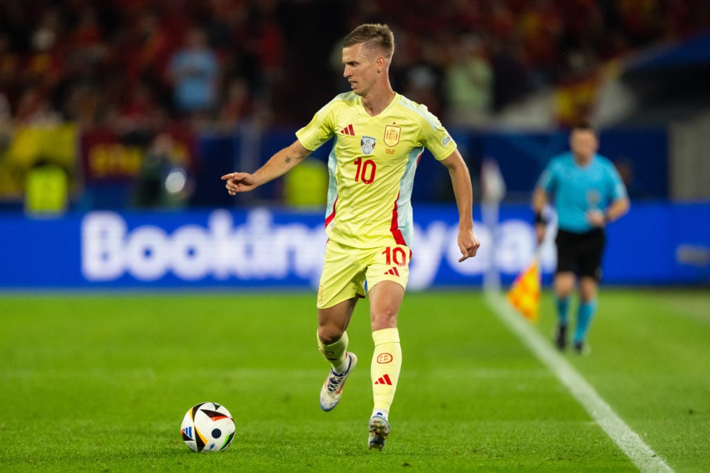 Dani Olmo of Spain is controlling the ball during the UEFA EURO 2024 group stage match between Albania and Spain at Dusseldorf Arena in Dusseldorf,...