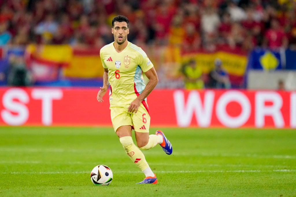 Mikel Merino of Spain controls the ball during the UEFA EURO 2024 group stage match between Albania and Spain at Düsseldorf Arena on June 24, 2024 ...