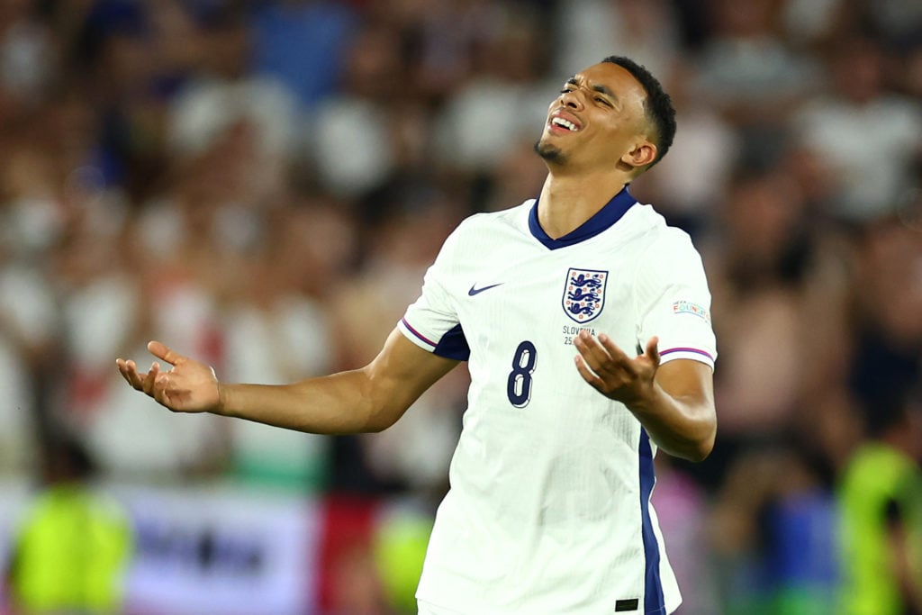 Trent Alexander-Arnold of England reacts during the UEFA EURO 2024 group stage match between England and Slovenia at Cologne Stadium on June 25, 20...