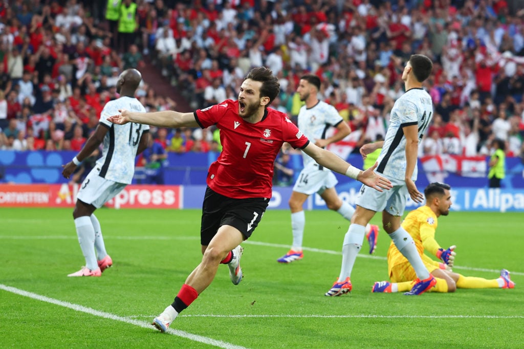 Khvicha Kvaratskhelia of Georgia celebrates scoring the first goal during the UEFA EURO 2024 group stage match between Georgia and Portugal at Aren...