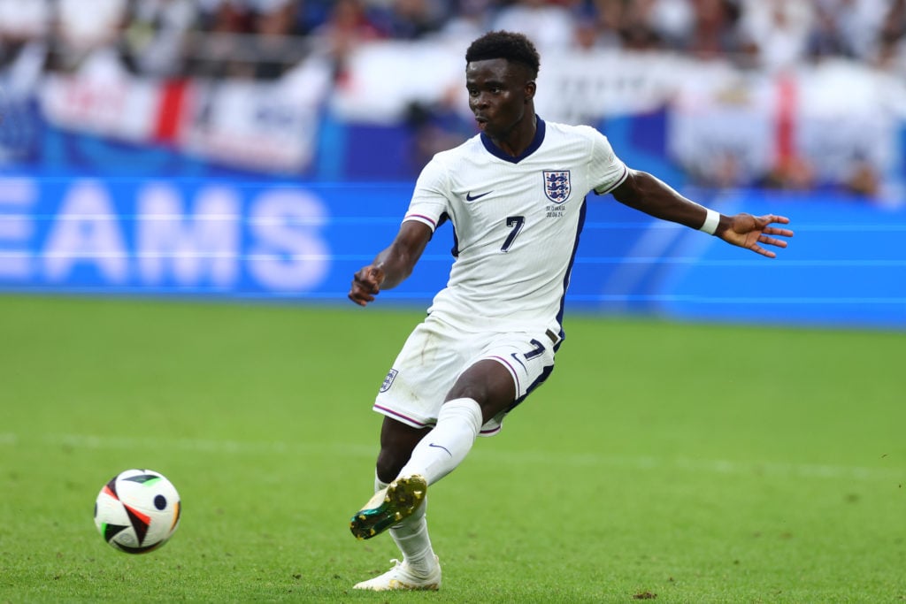 Bukayo Saka of England in action during the UEFA EURO 2024 round of 16 match between England and Slovakia at Arena AufSchalke on June 30, 2024 in G...