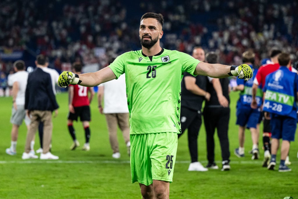 Giorgi Mamardashvili of Georgia celebrates victory  after the UEFA EURO 2024 group stage match between Georgia and Portugal at Arena AufSchalke on ...