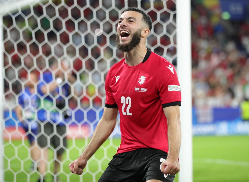 Georges Mikautadze of Georgia  celebrates after the victory after the UEFA EURO 2024 group stage match between Georgia and Portugal at Arena AufSch...