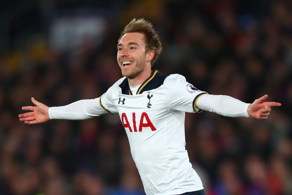 Christian Eriksen of Tottenham Hotspur celebrates scoring his sides first goal during the Premier League match between Crystal Palace and Tottenham...