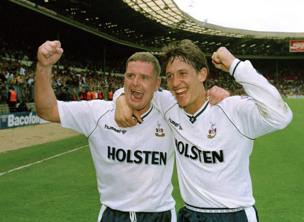 BT Sport, Football, pic: 14th April 1991, FA,Cup Semi-Final at Wembley, Arsenal 1 v Tottenham Hotspur 3, Tottenham Hotspur's Paul Gascoigne and Gary Lineker (who scored the side's goals) celebrate together after the match