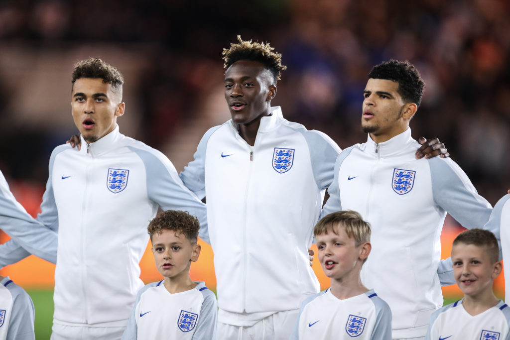 Dominic Calvert-Lewin of England U21, Tammy Abraham of England U21 and Dominic Solanke of England U21 sing the national anthem during the  UEFA Eur...