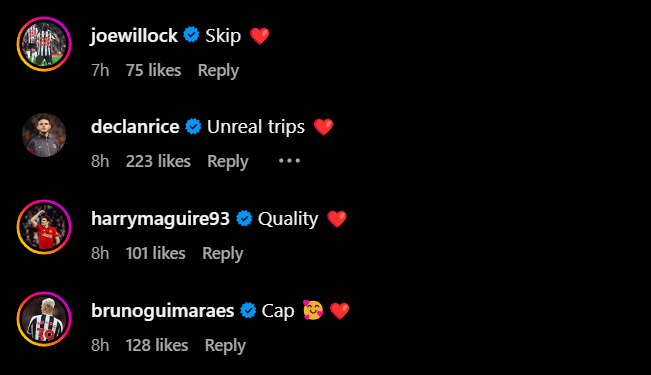 Screengrab of replies from Declan Rice and others under Kieran Trippier's Instagram post