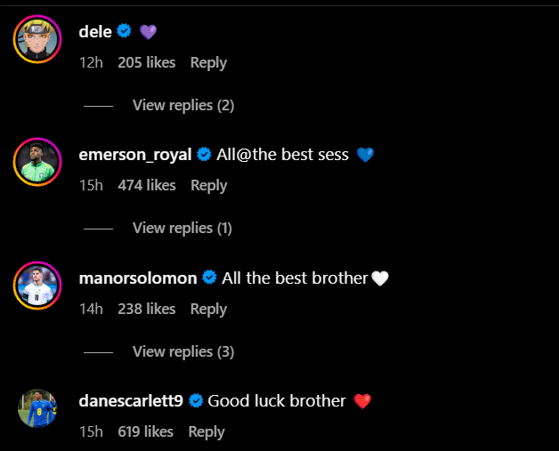 Screengrab of Dele Alli and others' replies under Ryan Sessegnon's Instagram post