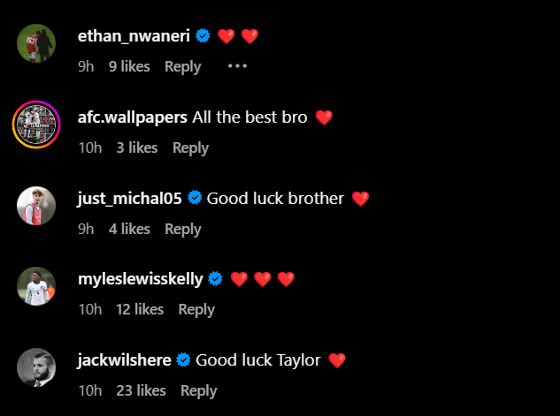 Screengrab of replies from Jack Wilshere and others under Taylor Foran's Instagram post